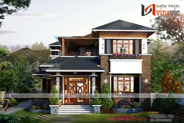 Phối cảnh góc nhìn chính của thiết kế nhà 2 tầng 3 phòng ngủ