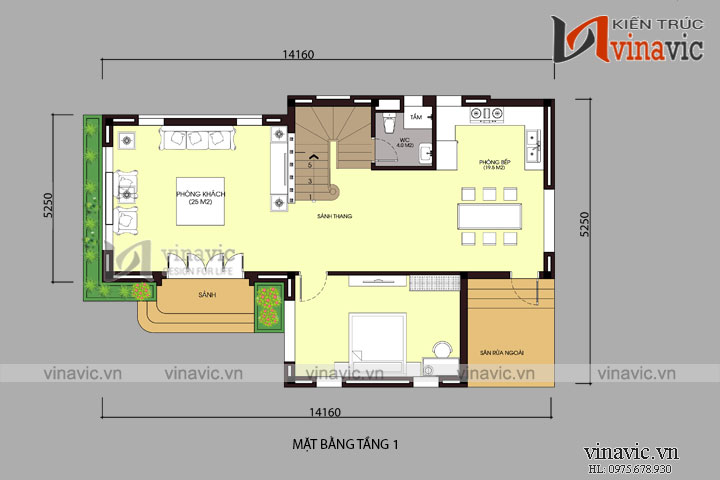 Mặt bằng nội thất mẫu nhà 2 tầng rộng 9m sâu 14m