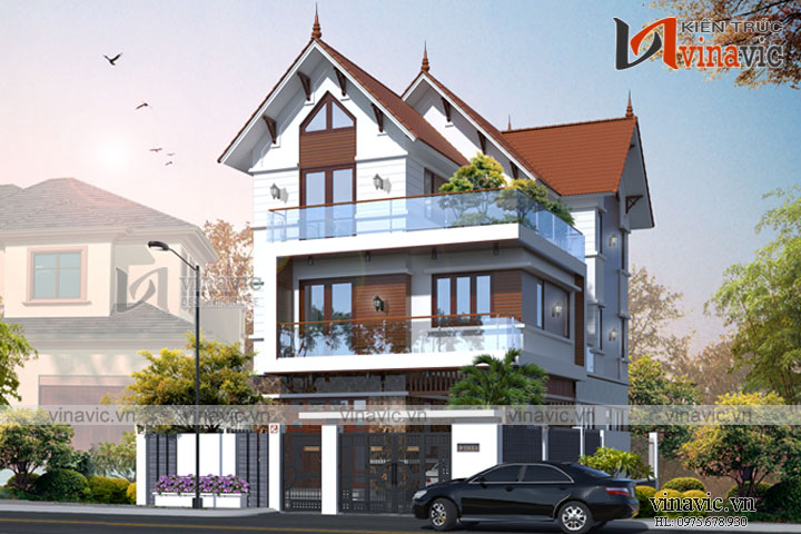Phối cảnh góc nhìn nghiêng biệt thự 3 tầng hiện đại mặt tiền 8m