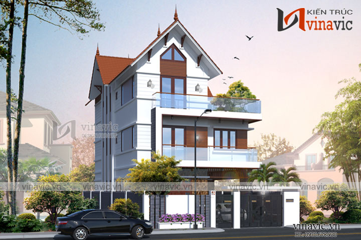 Phối cảnh góc nhìn nghiêng biệt thự 3 tầng hiện đại mặt tiền 8m