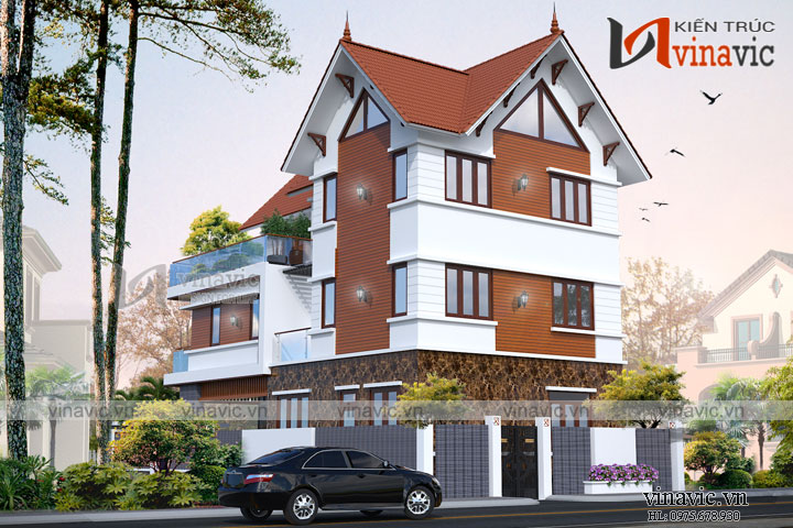 Phối cảnh góc nhìn nghiêng biệt thự 3 tầng hiện đại mặt tiền 8m