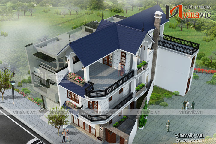 Hình phối 3D toàn cảnh biệt thự 3 tầng tân cổ điển mái thái  2 mặt tiền