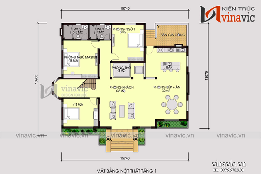 Mặt bằng công năng tầng 1 biệt thự 1.5 tầng đẹp 