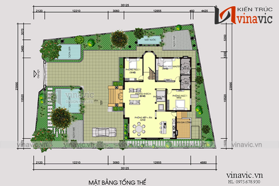 Mặt bằng công năng tổng thể tầng trệt và sân vườn biệt thự 1 trệt 1 lầu 