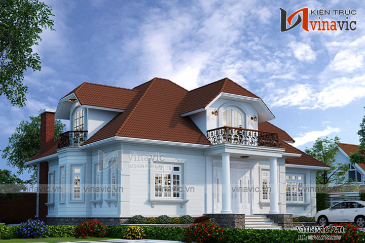 View góc trái cận cảnh toà nhà biệt thự tầng rưỡi tân cổ điển