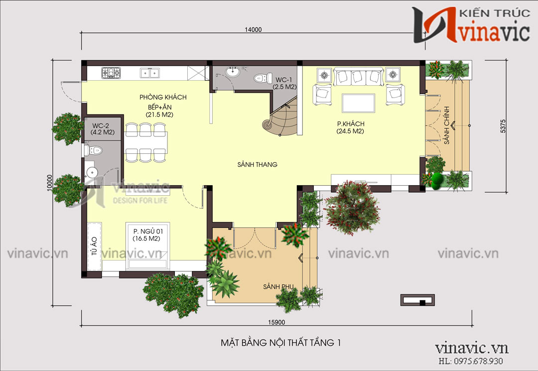 Mặt bằng nội thất tầng 1 mẫu nhà đẹp 3 tầng mặt tiền 10m