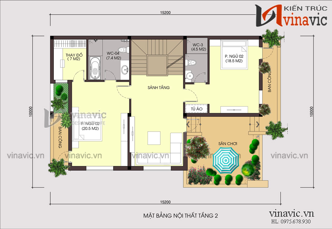 Mặt bằng nội thất tầng 2 mẫu nhà đẹp 3 tầng mặt tiền 10m