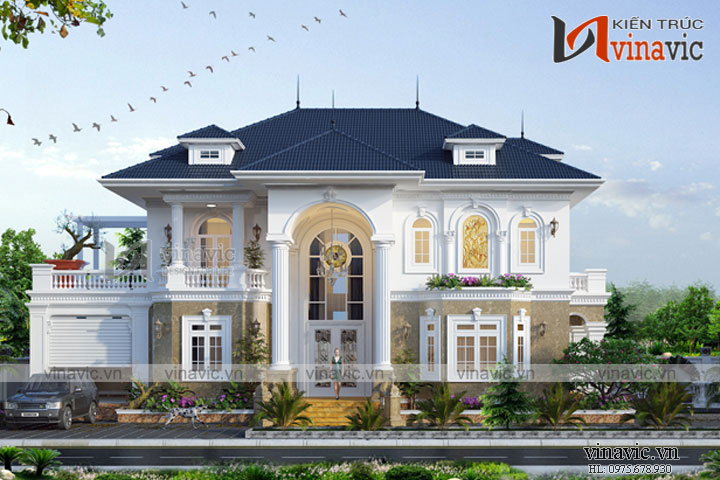 biệt thự 2 tầng tân cổ điển kiểu Pháp được thiết kế phần mái Nhật đặc trưng