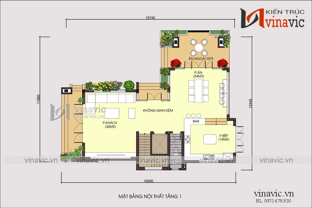 Mặt bằng nội thất tầng 1 mẫu nhà biệt thự 3 tầng hiện đại