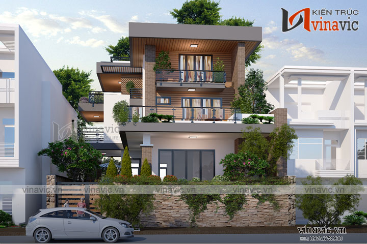Phối cảnh góc nhìn chính mẫu nhà biệt thự 3 tầng hiện đại