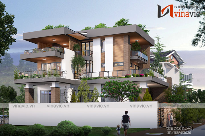 Phối cảnh góc nhìn phía bên phải mẫu nhà biệt thự 3 tầng hiện đại