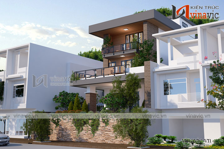 Phối cảnh góc nhìn nghiêng mặt tiền chính mẫu nhà biệt thự 3 tầng hiện đại