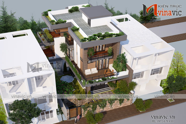 Phối cảnh góc nhìn từ trên xuống mẫu nhà biệt thự 3 tầng hiện đại
