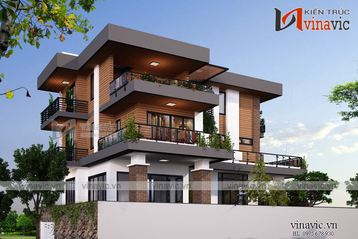 Phối cảnh góc nhìn bên trái mẫu nhà biệt thự 3 tầng hiện đại