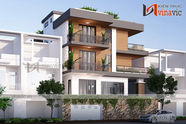 Phối cảnh góc nhìn phía sau mẫu nhà biệt thự 3 tầng hiện đại