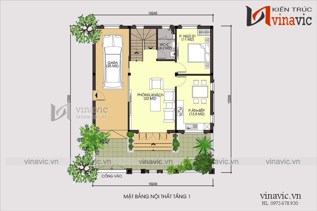 Mặt bằng nội thất tầng 1 kiểu nhà đẹp 3 tầng 4 phòng ngủ