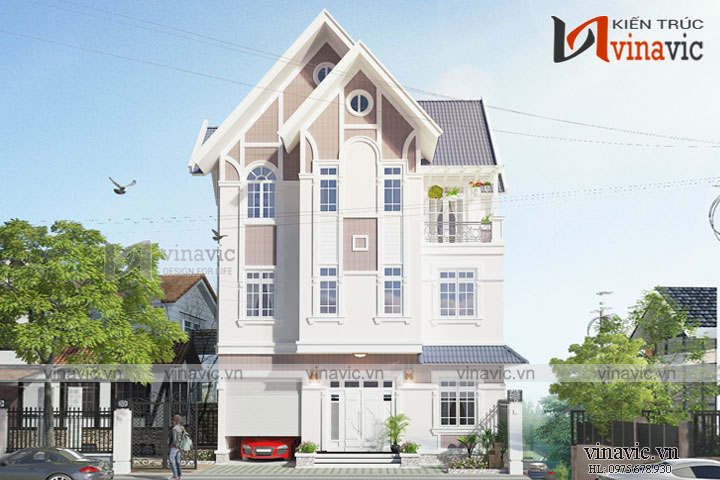 Phối cảnh góc nhìn chính diện Kiểu nhà đẹp 3 tầng 4 phòng ngủ