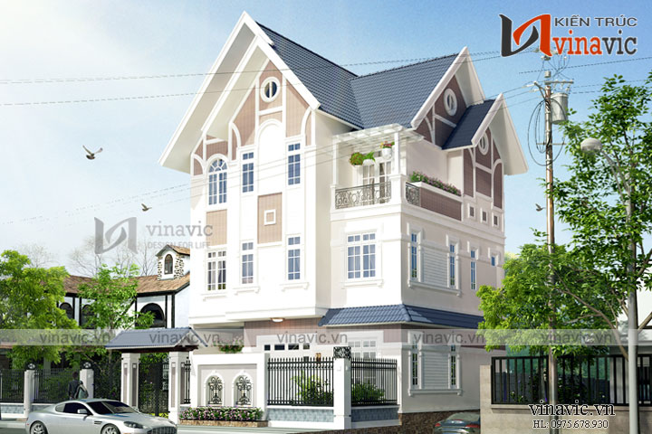 Phối cảnh góc nhìn nghiêng phía bên phải Kiểu nhà đẹp 3 tầng 4 phòng ngủ