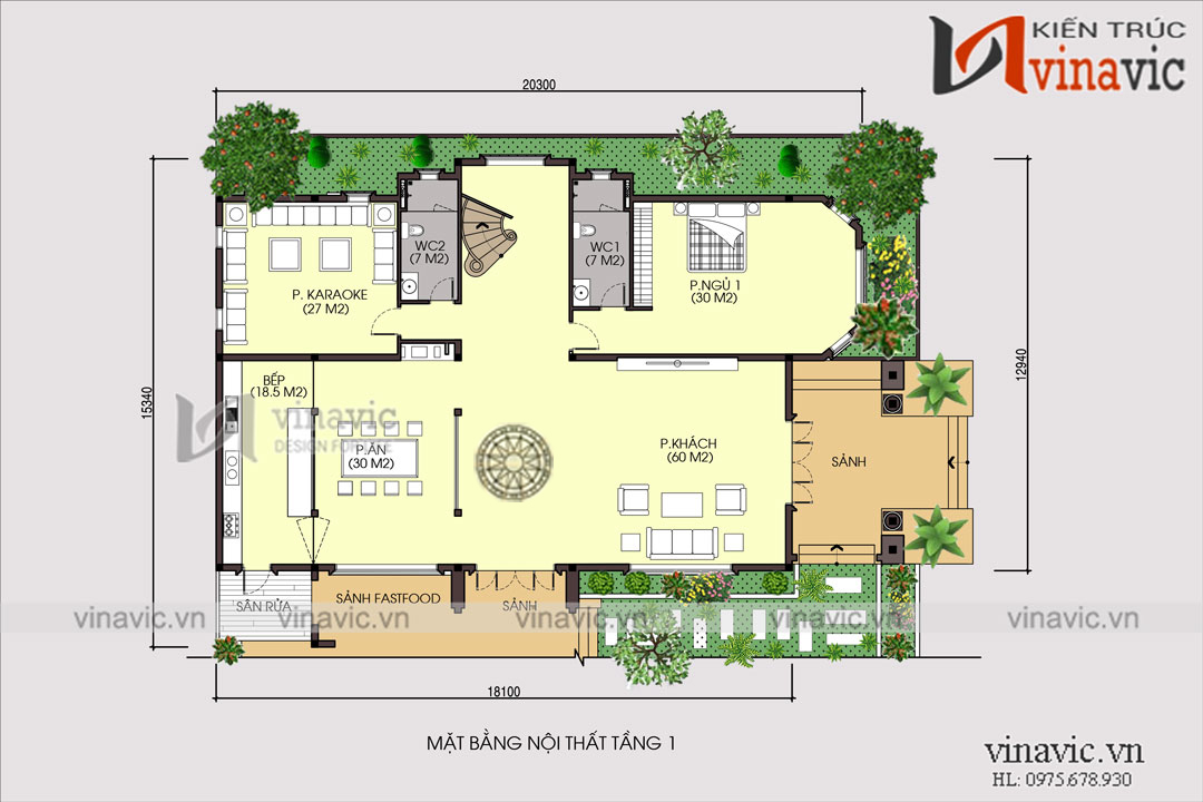 Mặt bằng nội thất tầng 1 mẫu biệt thự 3 tầng cao cấp