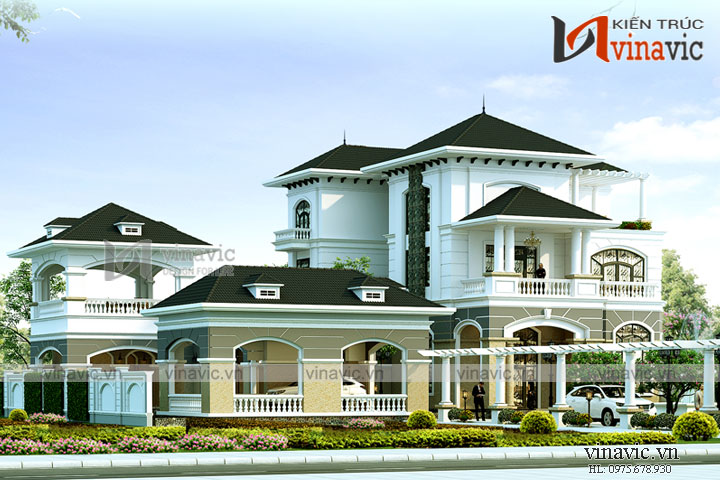 Phối cảnh góc nhìn nghiêng mẫu biệt thự 3 tầng cao cấp