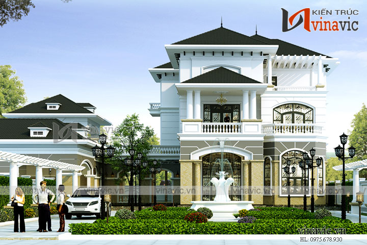 Phối cảnh góc nhìn chính diện mẫu biệt thự 3 tầng cao cấp