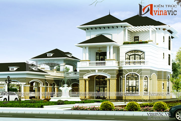 Phối cảnh góc nhìn nghiêng mẫu biệt thự 3 tầng cao cấp