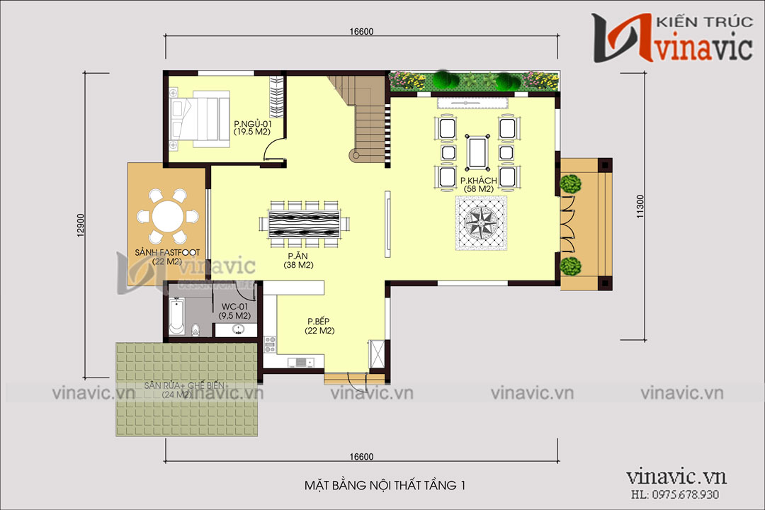 Mặt bằng nội thất tầng 1 Mẫu nhà biệt thự 3 tầng mặt tiền 12m