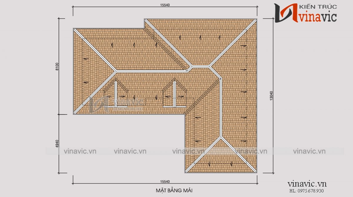 Mặt bằng mái mẫu nhà biệt thự xinh 2 tầng mái thái mặt tiền rộng