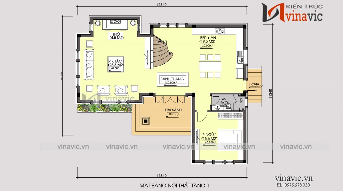 Mặt bằng tầng 1 mẫu nhà biệt thự xinh 2 tầng mái thái mặt tiền rộng