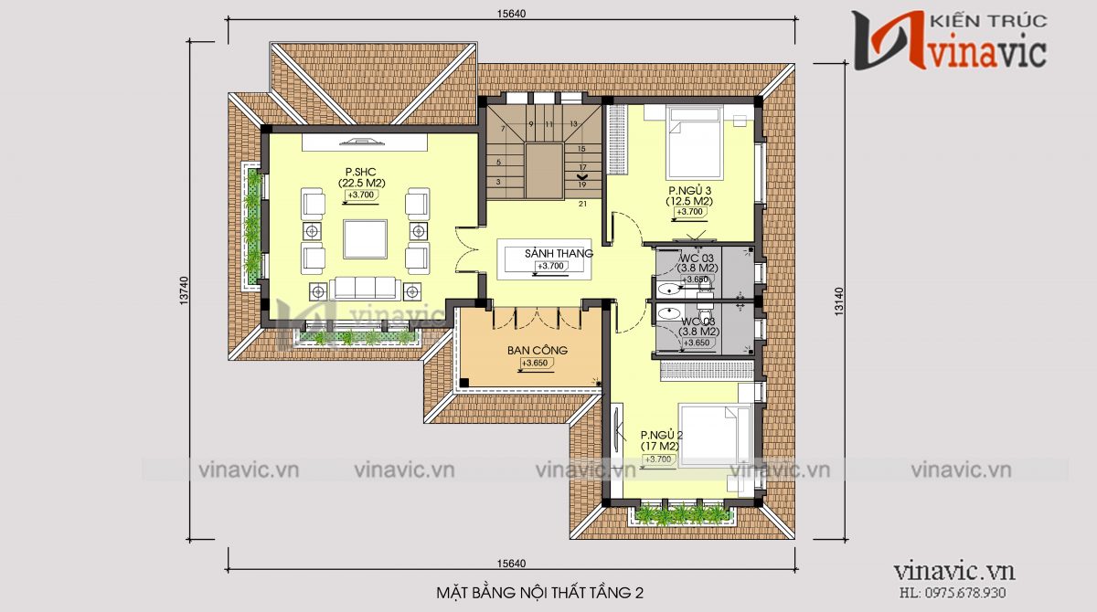 Mặt bằng tầng 2 mẫu nhà biệt thự xinh 2 tầng mái thái mặt tiền rộng