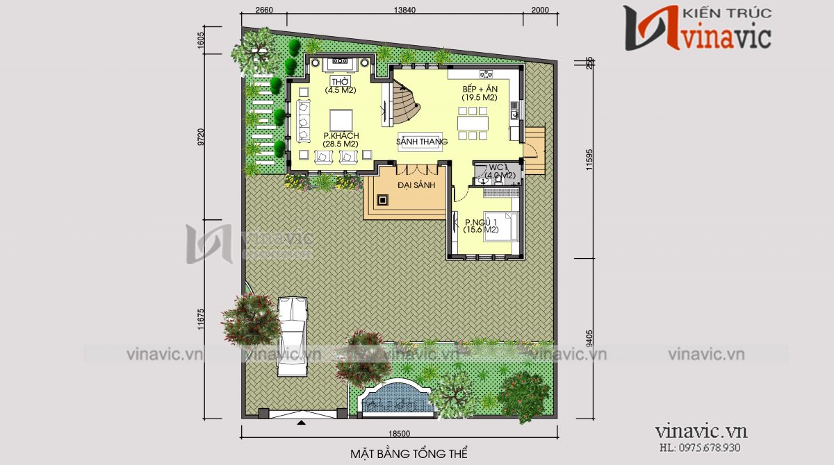 Mặt bằng tổng thể mẫu nhà biệt thự xinh 2 tầng mái thái mặt tiền rộng