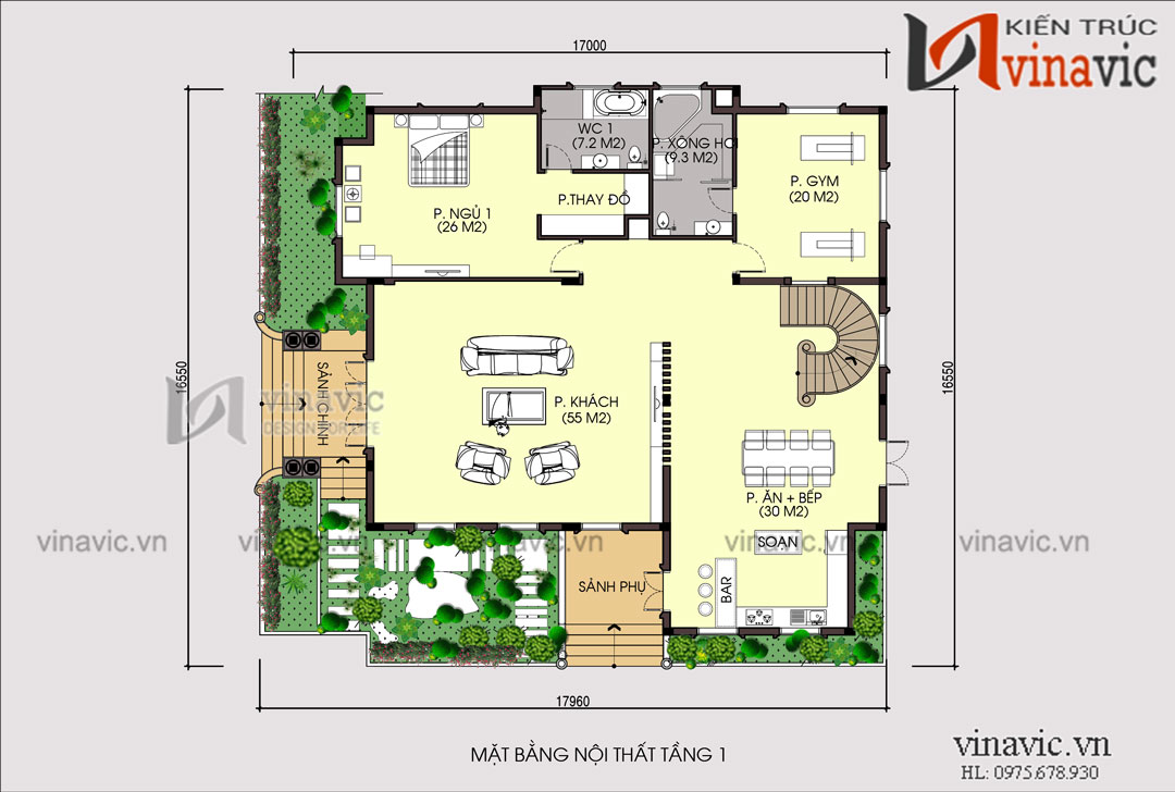 Bản vẽ tầng 1 biệt thự cao cấp 2 tầng hình chữ L mái thái 