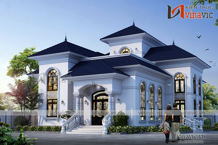 Không gian ngoại thất biệt thự cao cấp 2 tầng hình chữ L mái thái 