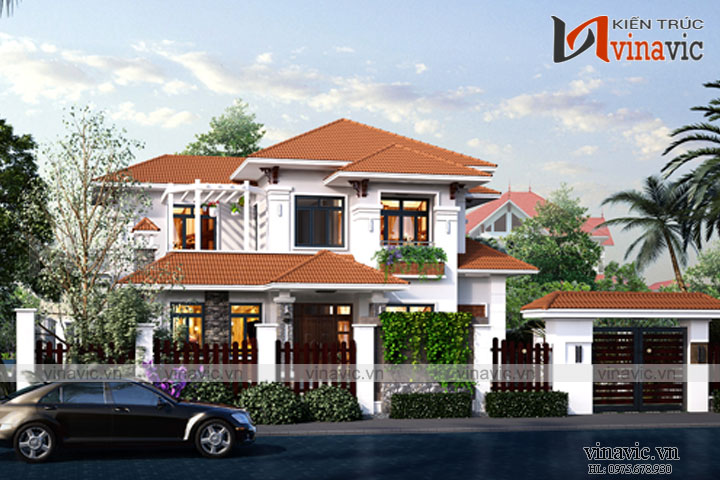 Mẫu nhà biệt thự xinh 2 tầng mái thái mặt tiền rộng BT1809