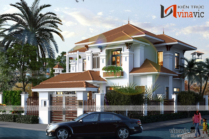 Góc nhìn khác Mẫu nhà biệt thự xinh 2 tầng mái thái mặt tiền rộng BT1809