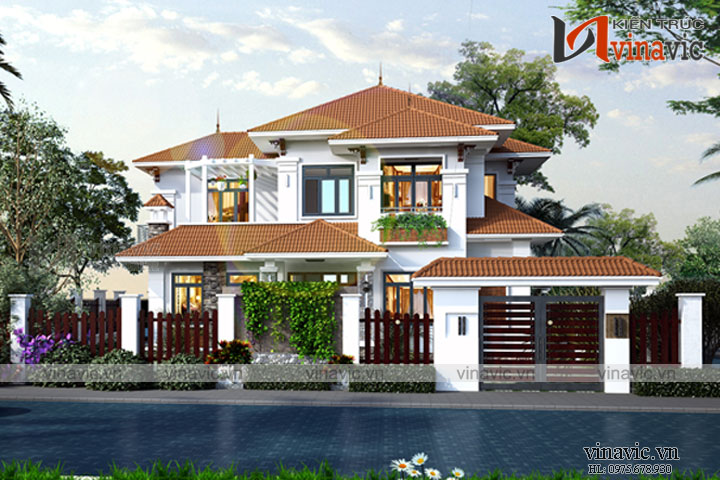 Góc nhìn khác Mẫu nhà biệt thự xinh 2 tầng mái thái mặt tiền rộng BT1809