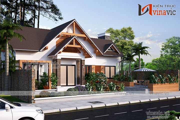 Phối cảnh góc trái mặt tiền thiết kế nhà cấp 4 hiện đại đơn giản