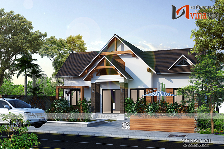 View góc phải mặt tiền nhà 1 tầng 4 phòng ngủ sân vườn đẹp