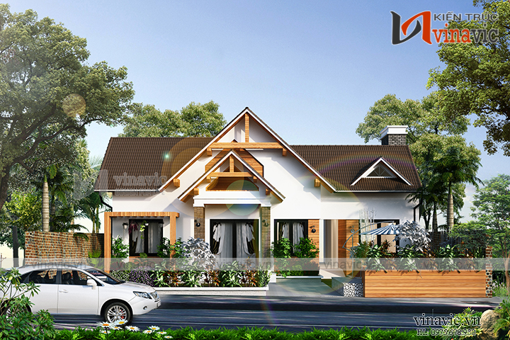 Phối cảnh chính diện mặt tiền thiết kế nhà cấp 4 hiện đại mái thái uốn lượn