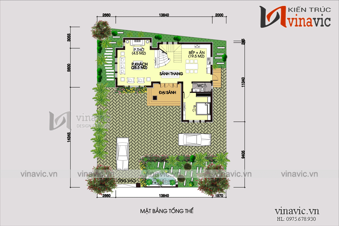 mặt bằng tổng thể mẫu nhà xinh 2 tầng chữ L mái thái 