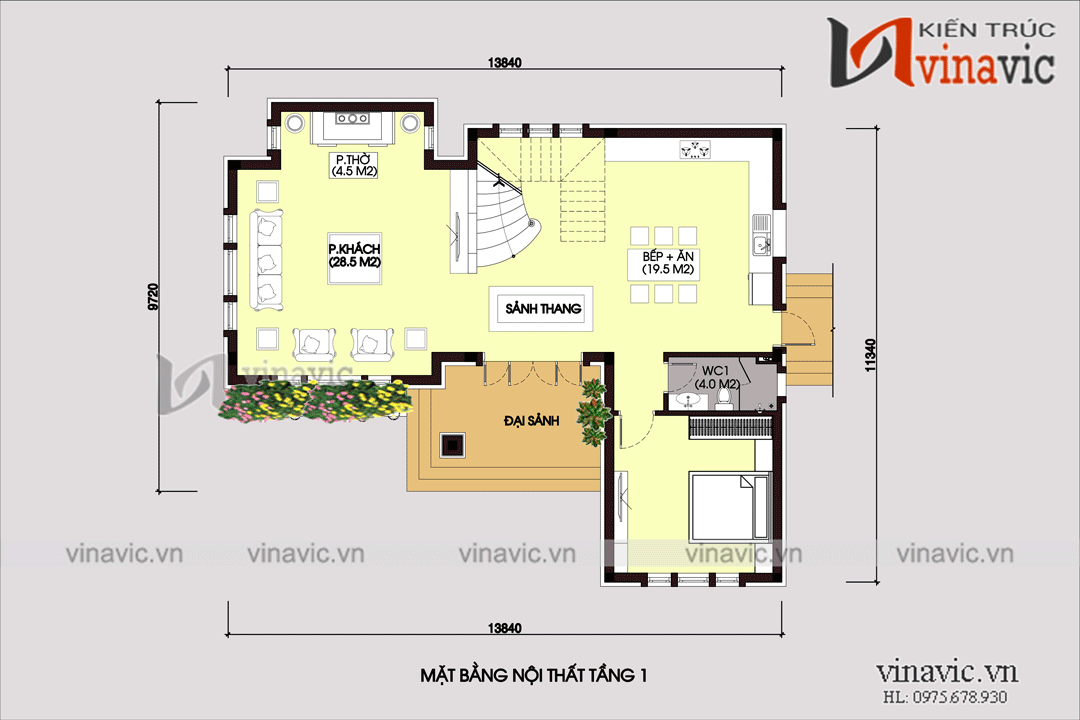 Mặt bằng nội thất mẫu nhà xinh 2 tầng chữ L mái thái 