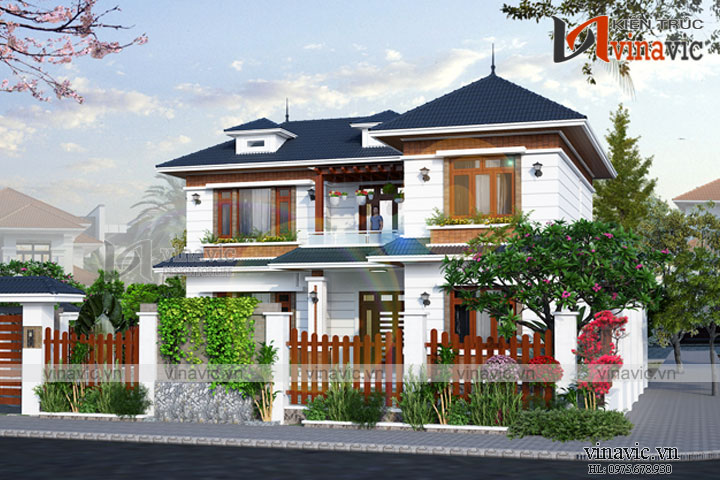 Góc nhìn nghiêng mẫu nhà xinh 2 tầng chữ L mái thái 