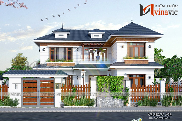 Góc nhìn chính diện mẫu nhà xinh 2 tầng chữ L mái thái 