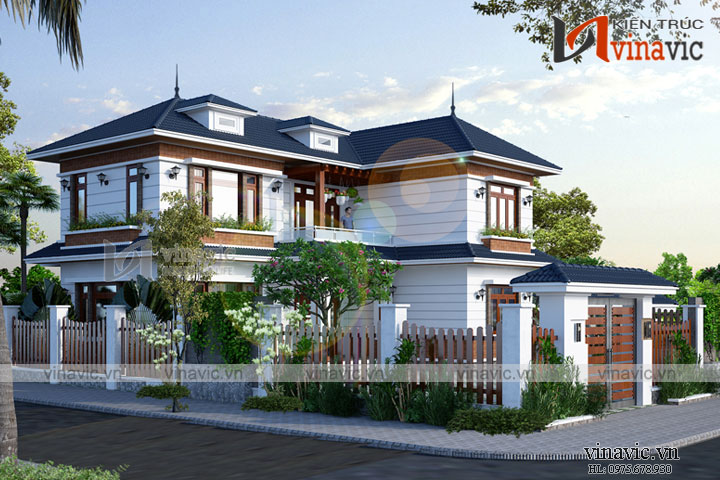 Mẫu nhà xinh 2 tầng chữ L mái thái 