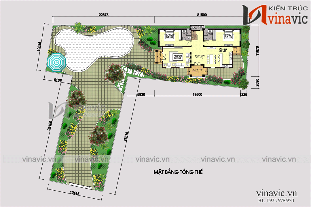 Góc nhìn tổng thể khu đất bản thiết kế biệt thự 2 tầng 5 phòng ngủ