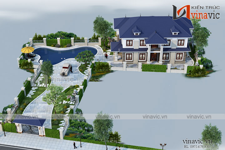 Góc nhìn toàn cảnh bản thiết kế biệt thự 2 tầng 5 phòng ngủ