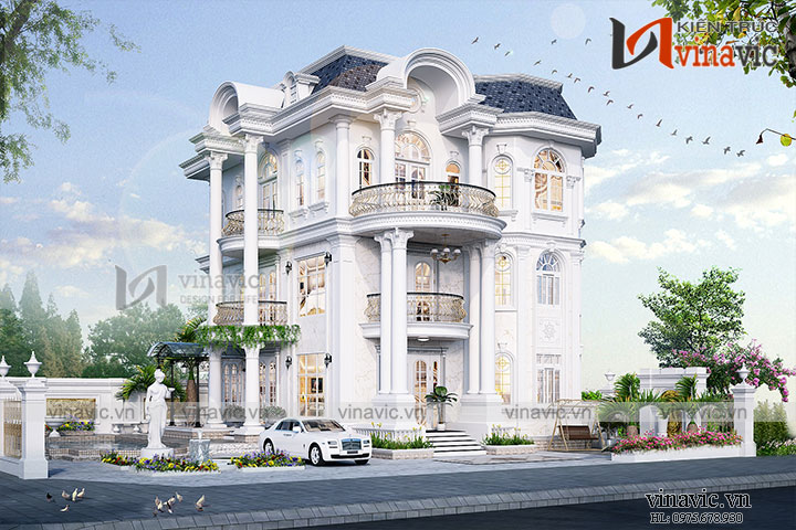 Phối cảnh mặt góc trái mặt tiền chính mẫu nhà kiểu Pháp 3 tầng 