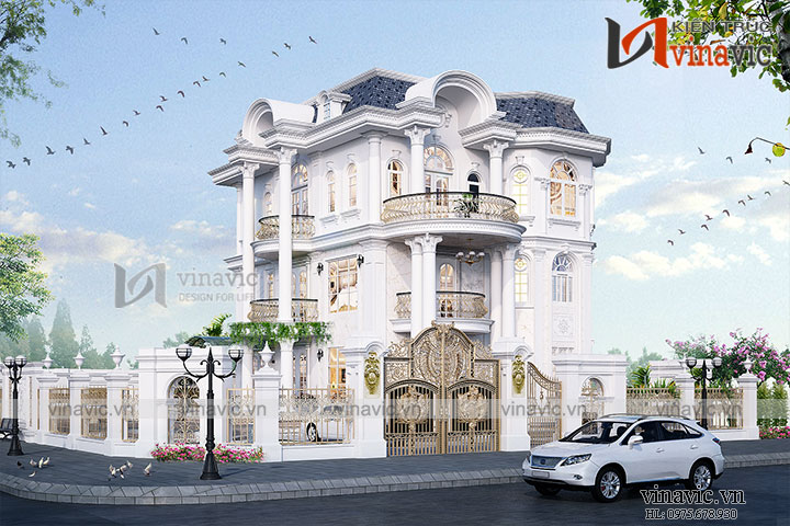 Góc nhìn cổng mặt tiền chính mẫu biệt thự 3 tầng kiểu châu Âu từ đường lớn  