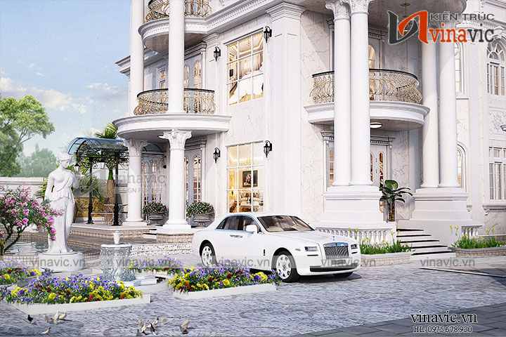 Cận cảnh không gian đệm trước sân vườn dinh thự 3 tầng 4 phòng ngủ sang trọng 