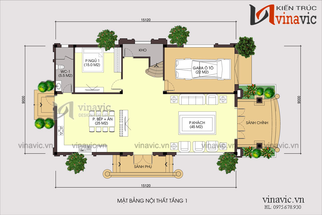Mặt bằng nội thất tầng 1 của mẫu nhà đẹp 3 tầng mặt tiền 8m